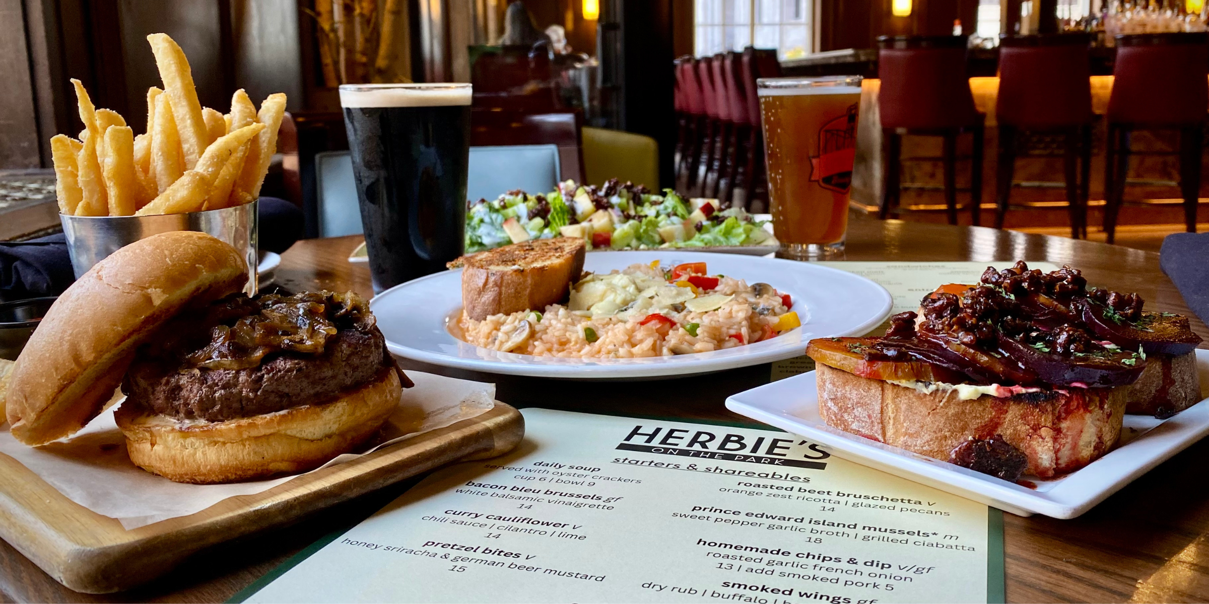 NEW! Fall Menu 2023 with delicious seasonal dishes like risotto, french onion burger, beet bruschetta, pretzel bites, and much more